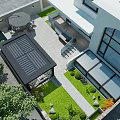 Modern White Two Story Detached Villa With Black Garage Door Green Plants And Iron Gate