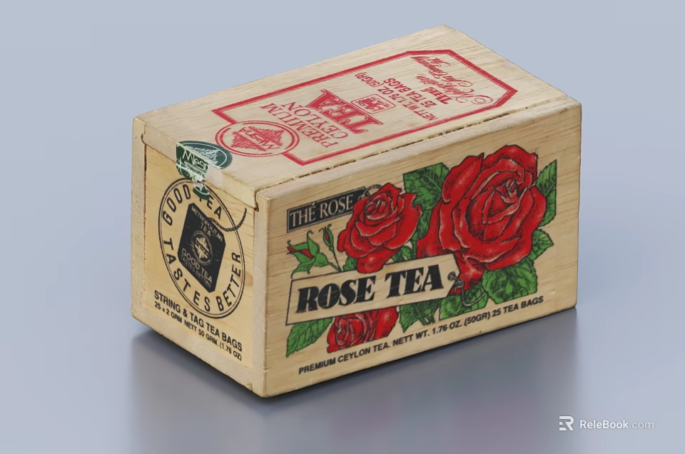 Wooden Rose Tea Box With Red Rose Illustrations And Premium Quality Label 3d model 