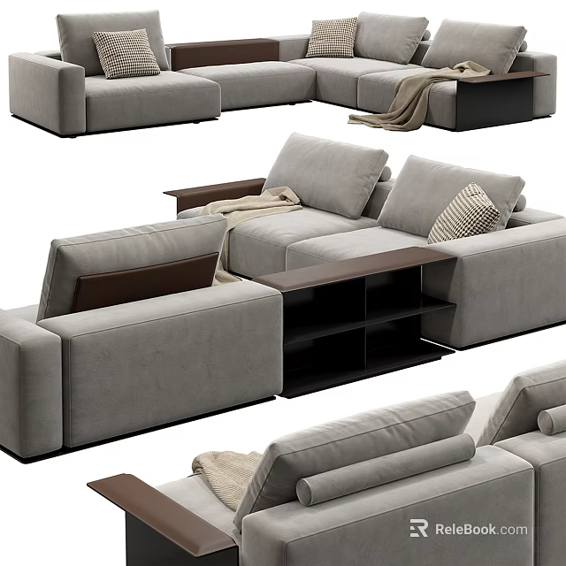 Gray Sectional Sofa with Soft Cushions Armrests and Throw Blanket 3d model