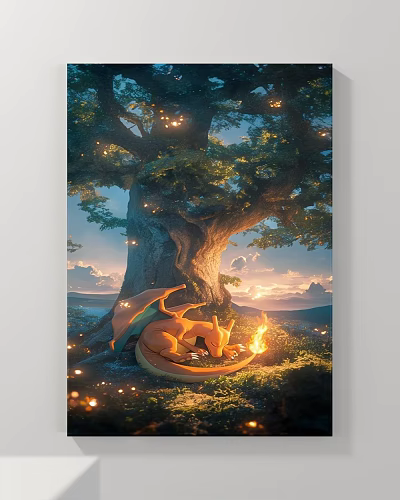 Abstract Painting Featuring Large Tree Orange Dragon Glowing Lights And Sunset Sky 3d model