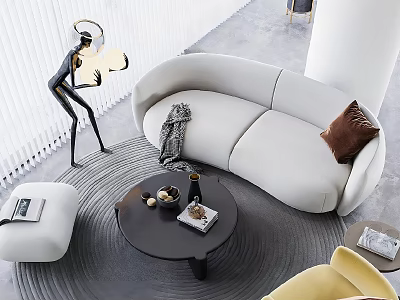 Modern Curved White Sofa And Black Coffee Table Set With Throw Blanket And Floor Lamp 3d model