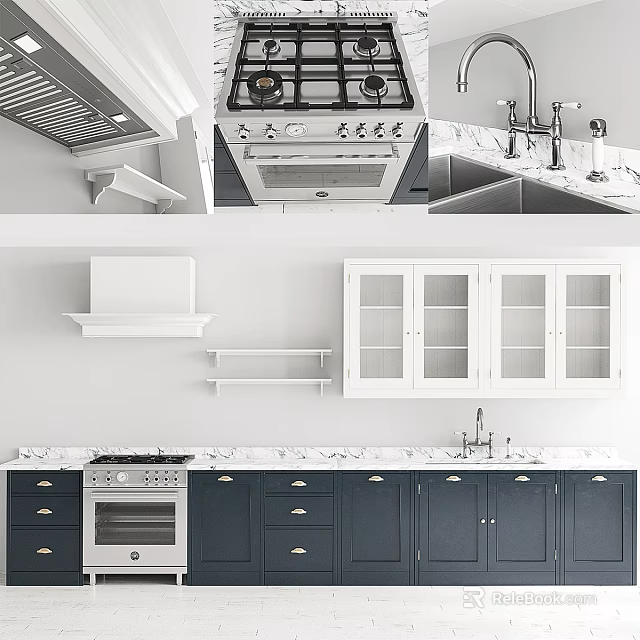 Modern Kitchen Interior With White Upper Dark Lower Cabinets And Marble Countertop 3d model 