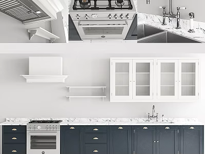Modern Kitchen Interior With White Upper Dark Lower Cabinets And Marble Countertop 3d model