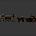 Vintage Industrial Equipment Workbenches With Hammers Anvils Metal Tools And Storage Baskets