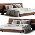 Modern Double Bed With Wooden Headboard Light Colored Sheets And Black Nightstand