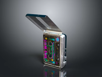 Open Retro Tape Player With Colorful Cassette And Transparent Lid 3d model