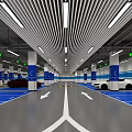 Modern Parking Lot Interior With Gray Floor Orange Sections White Lines And Blue Striped Walls