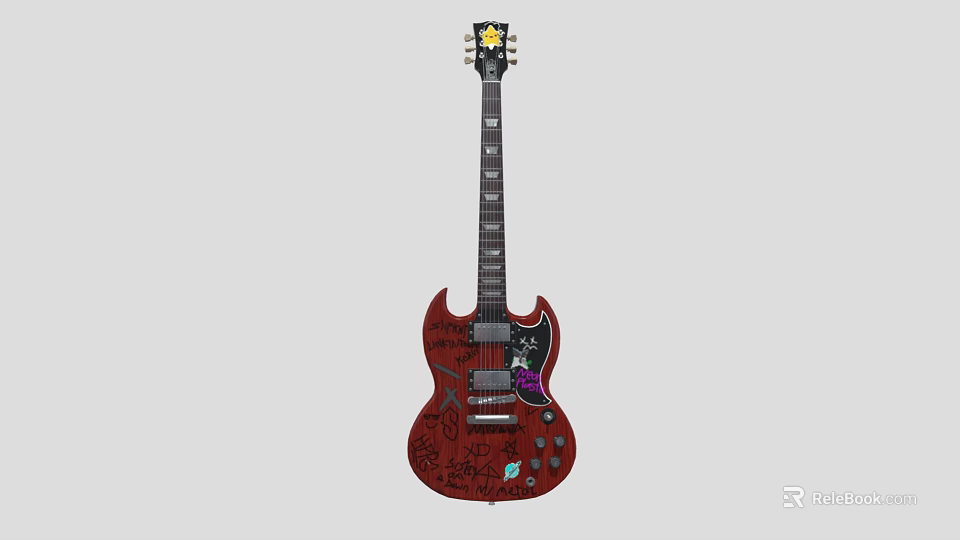 Vintage Red Electric Guitar with Hand Painted Art Supplies Signatures and Stickers 3d model 