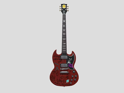Vintage Red Electric Guitar with Hand Painted Art Supplies Signatures and Stickers 3d model