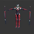 Biomech Sci Fi Warrior Character In Red White Armor Holding Swords Arms Outstretched