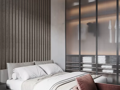 Modern Minimalist Bedroom Interior With Wooden Slat Accent Wall And Glass Wardrobe 3d model