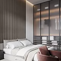 Modern Minimalist Bedroom Interior With Wooden Slat Accent Wall And Glass Wardrobe