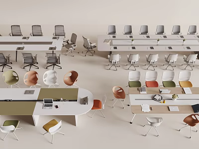 Modern Office Desks With Various Colored Chairs In Collaborative Workspace Arrangement 3d model