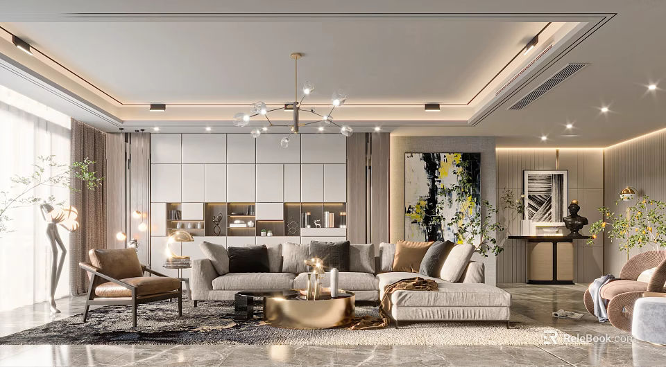 Modern Luxury Living Room Interior With Sofa Coffee Table And Chandelier 3d model 