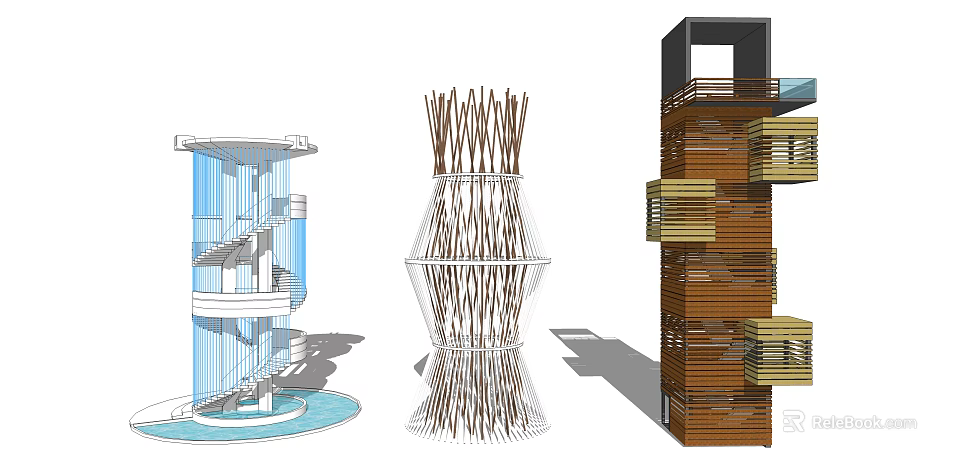 Modern Tower Architectural Designs Featuring Spiral Structure Woven Pattern And Wooden Layers 3d model 