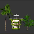 Green Double Decker Motorhome With Palm Tree Small Tree Bench Street Lamp In Outdoor Setting