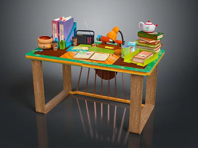 Stylish Wooden Desk With Green Tabletop Books Lamp Radio Teapot And Stationery 3d model