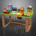 Stylish Wooden Desk With Green Tabletop Books Lamp Radio Teapot And Stationery