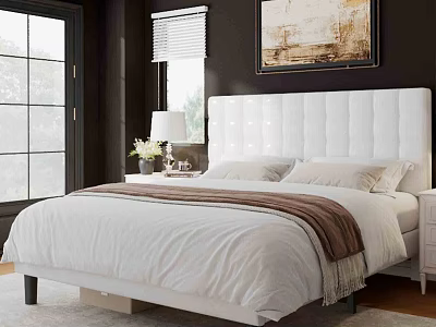 Modern Bedroom Interior With Tufted White Headboard White Linens Brown Throw And Wall Art 3d model