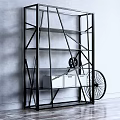 Modern Black Metal Frame Bookcase With Open Design White Drawers And Bicycle Decor