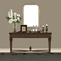 Elegant Wooden Console Table With Gold Mirror White Flowers Vase Decorative Bottles And Candlesticks