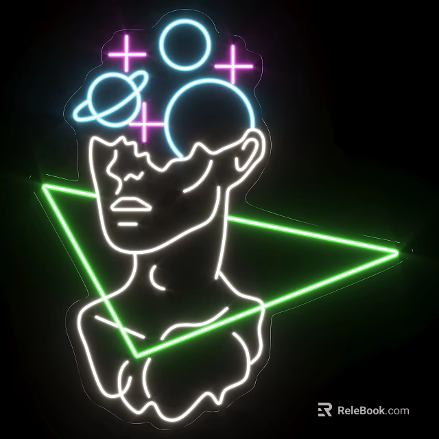 Neon Decorative Lights Featuring Human Figure Outline With Planets Circles Crosses And Green Triangle 3d model 