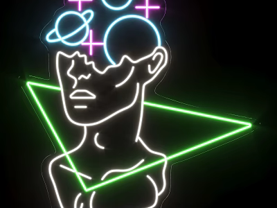 Neon Decorative Lights Featuring Human Figure Outline With Planets Circles Crosses And Green Triangle 3d model