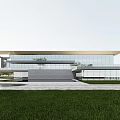 Modern Sales Office Building With Transparent Glass Sloped Roof Green Lawn And Water Feature