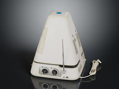 White Cone Design Vintage Electronic Device With Blue Top Dot Bottom Knobs Antenna Power Cord 3d model