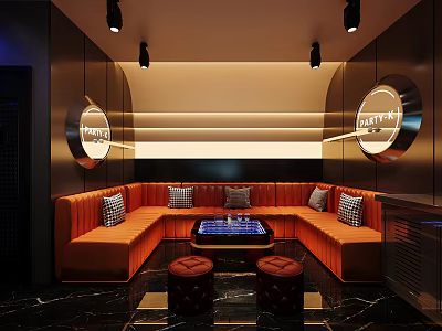 Modern KTV Lounge Interior With Orange Sofa Circular Mirrors And Recessed Lighting 3d model
