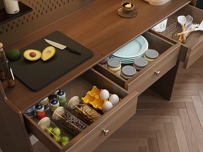 Neat Kitchen Countertop With Wooden Drawers Holding Kitchen Utensils Eggs Jars And Cutting Board 3d model