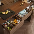 Neat Kitchen Countertop With Wooden Drawers Holding Kitchen Utensils Eggs Jars And Cutting Board