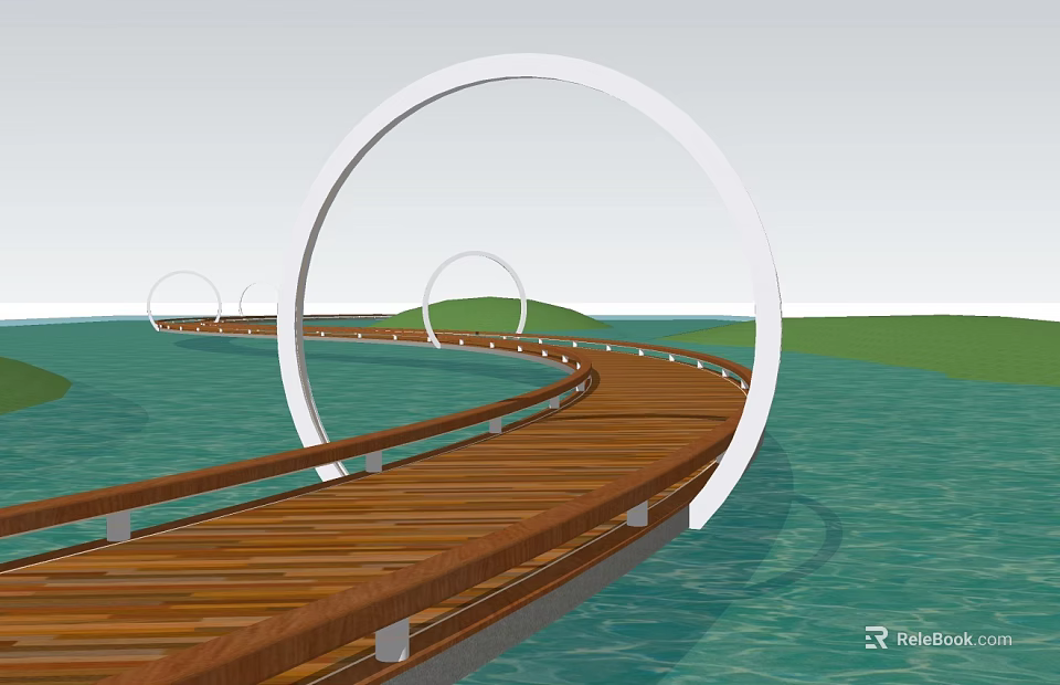 Scenic Garden Landscape With Wooden Boardwalk Over Water And White Circular Arches 3d model 