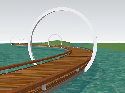Scenic Garden Landscape With Wooden Boardwalk Over Water And White Circular Arches 3d model