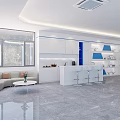 Modern Exhibition Hall Interior With White Round Counters Blue Accents And Gray Marble Flooring
