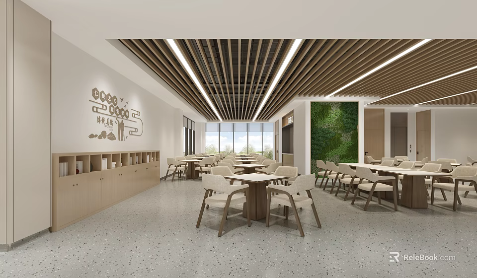 Modern Restaurant Interior With Wooden Ceiling Green Wall And Natural Light Dining Area 3d model 