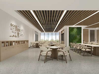 Modern Restaurant Interior With Wooden Ceiling Green Wall And Natural Light Dining Area 3d model