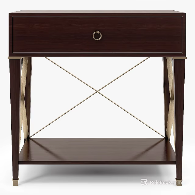 Elegant Dark Brown Wooden Bedside Table With Drawer And Metal Cross Legs Design 3d model 