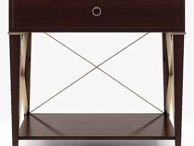 Elegant Dark Brown Wooden Bedside Table With Drawer And Metal Cross Legs Design 3d model