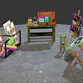 Musical Instruments and Art Supplies with Easels Canvases Paints Brushes and Wooden Table