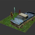 Vintage Blue Pickup Truck On Green Grassy Ground With Brown Chair And Tripod Lamp