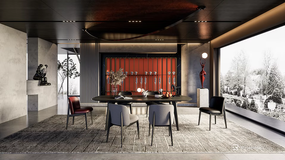 Modern Restaurant Interior With Red Accent Wall Dining Table And Colorful Chairs 3d model 