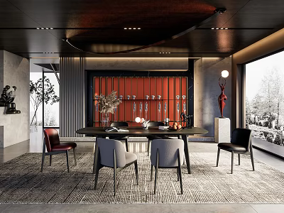 Modern Restaurant Interior With Red Accent Wall Dining Table And Colorful Chairs 3d model