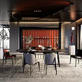 Modern Restaurant Interior With Red Accent Wall Dining Table And Colorful Chairs
