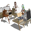 Assorted Musical Instruments and Art Supplies Including Easels Violins Paintbrushes and Palettes