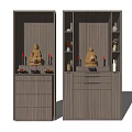 Wooden Buddhist Shrine Cabinet with Drawers Open Shelves Featuring Golden Buddha Statue Red Candles Offerings