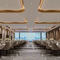 Luxurious Modern Banquet Hall With Gold Accents Central Walkway Dining Tables And Lighting Effects