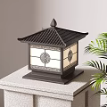 Traditional Chinese Style Outdoor Light with Glass Shade and Decorative Patterns on Stone Pedestal