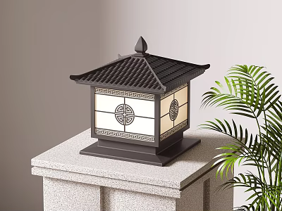 Traditional Chinese Style Outdoor Light with Glass Shade and Decorative Patterns on Stone Pedestal 3d model