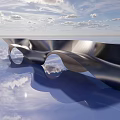 Modern Silver Wavy Public Chair With Metallic Material Water Reflection And Sky Background